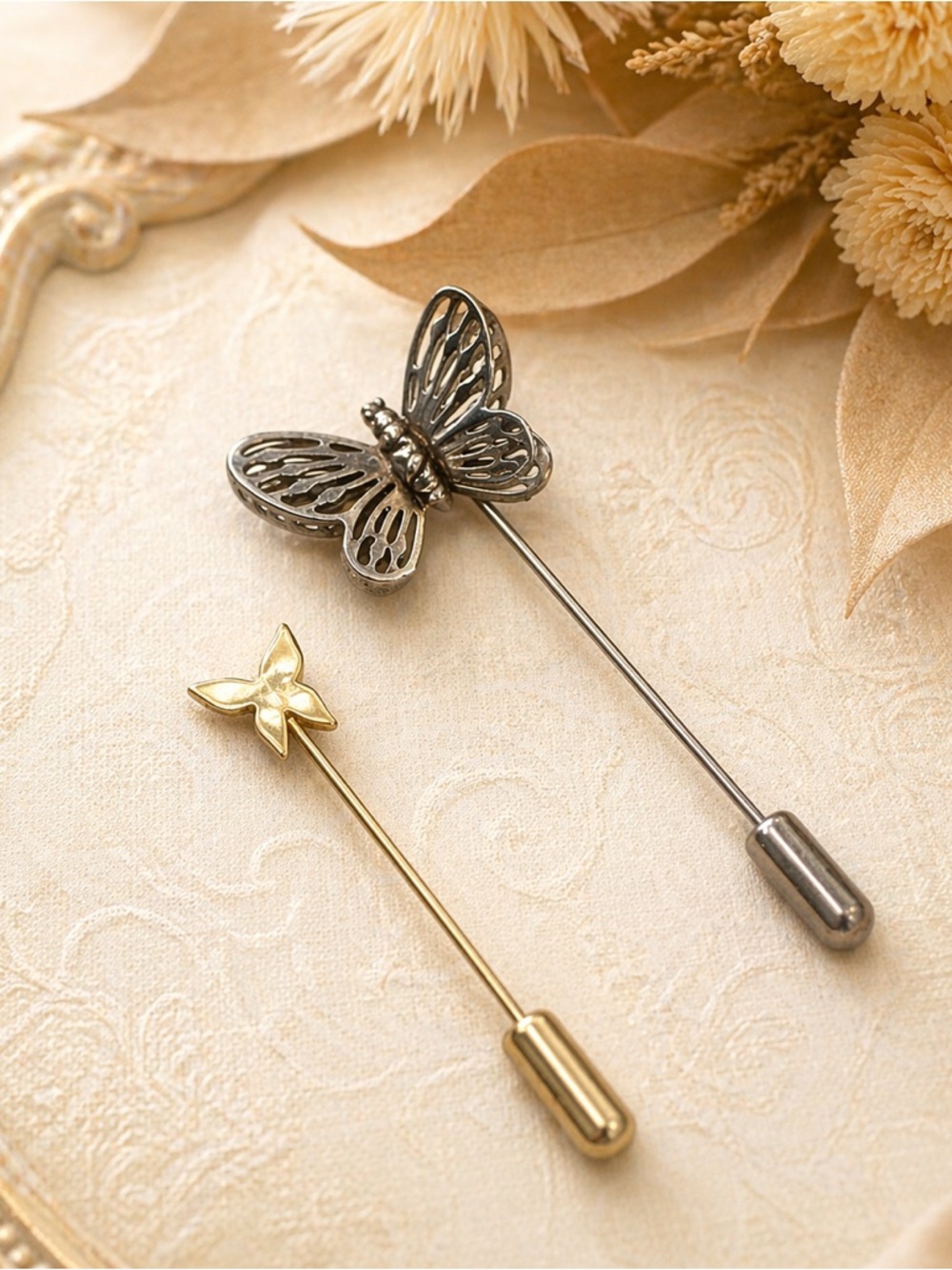 Vintage Lot of 2 Gold Tone Silver Tone Butterfly Stick Pin Brooch